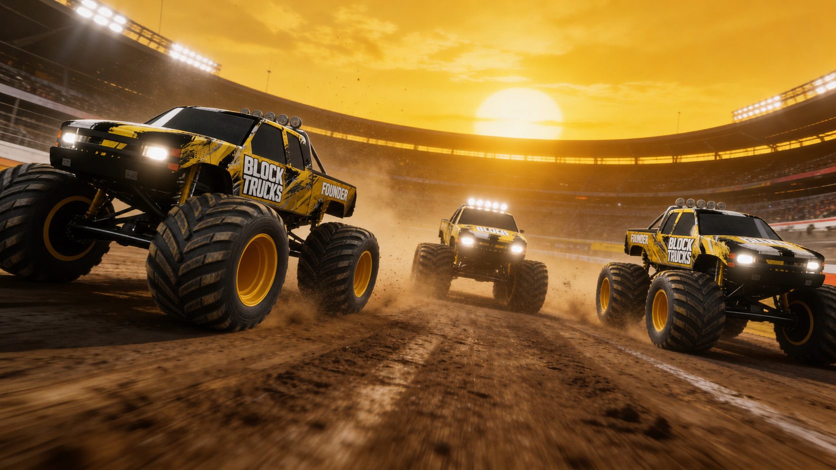 Three yellow and black Block Trucks racing on a stadium dirt track at sunset
